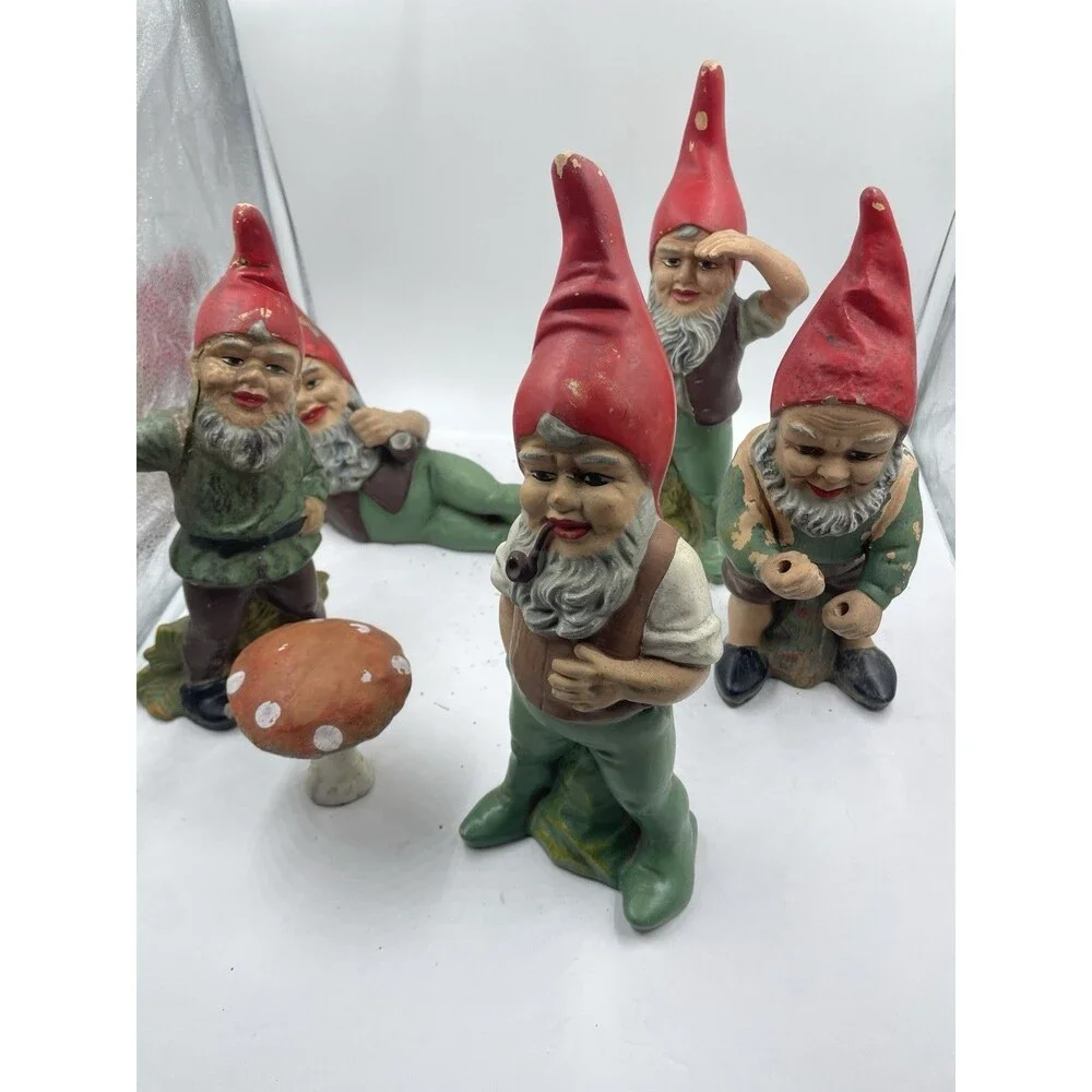 RARE Vintage Heissner West Germany Terracotta Garden Gnome Set of 4 + Mushroom
